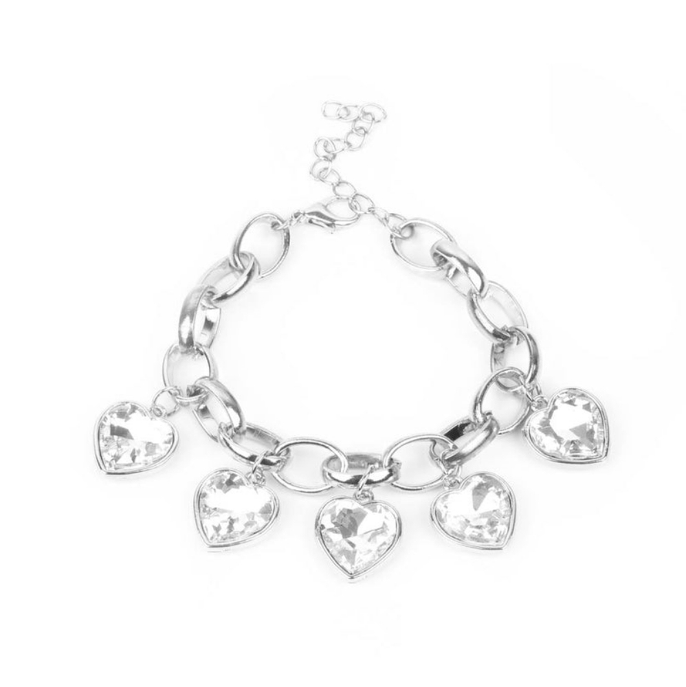 White Rhinestone Heart-shaped Silver Chain Bracelet